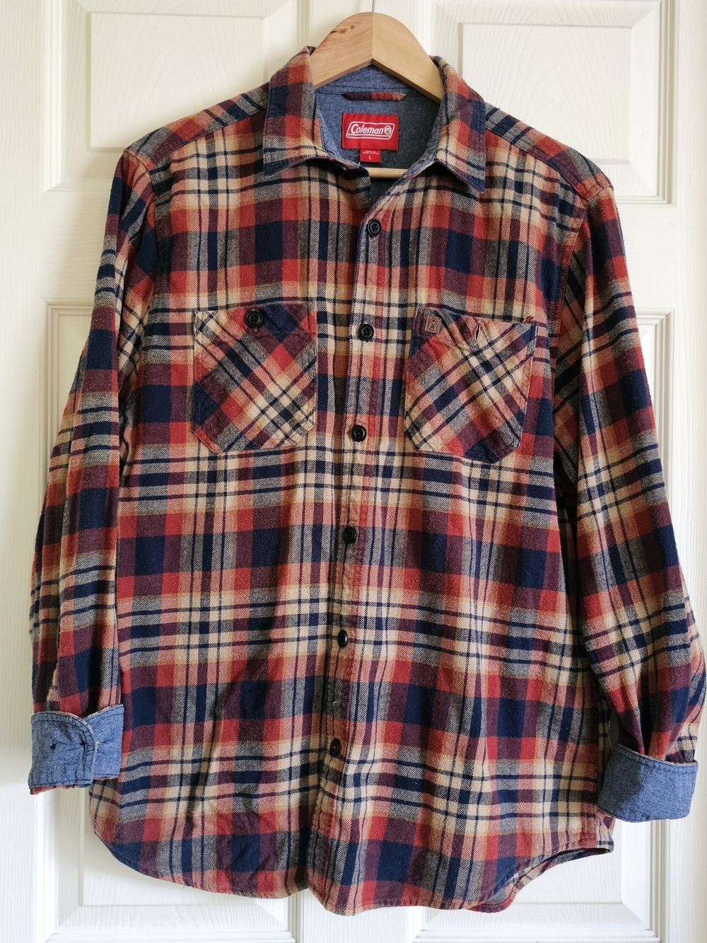 Coleman Men's Large Red & Navy Plaid Flannel Button-Up Long Sleeve Shirt